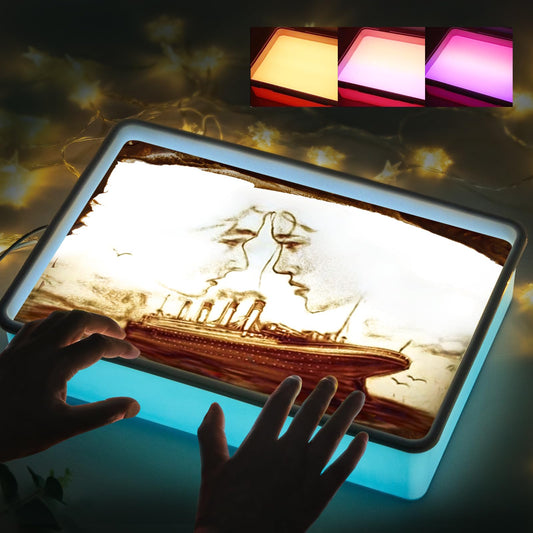 PreTrans sand painting light box front view with even illumination for kids' crafts.