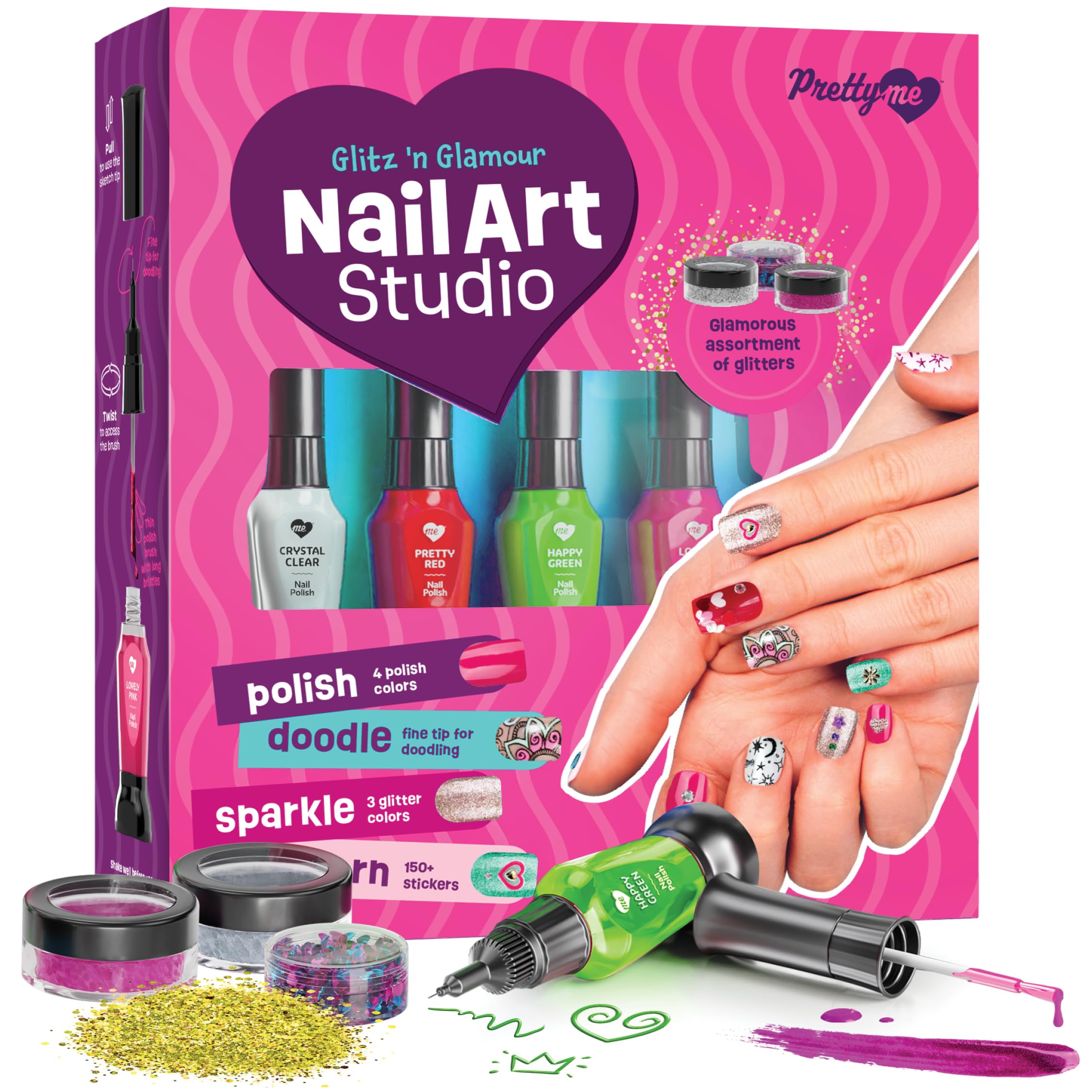 Pretty Me Nail Art Studio polish bottles offer vibrant color choices for at-home mani fun.