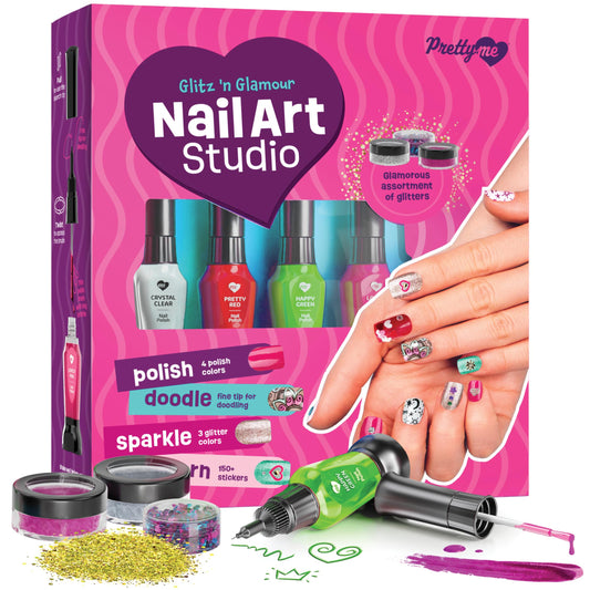 Pretty Me Nail Art Studio polish bottles offer vibrant color choices for at-home mani fun.