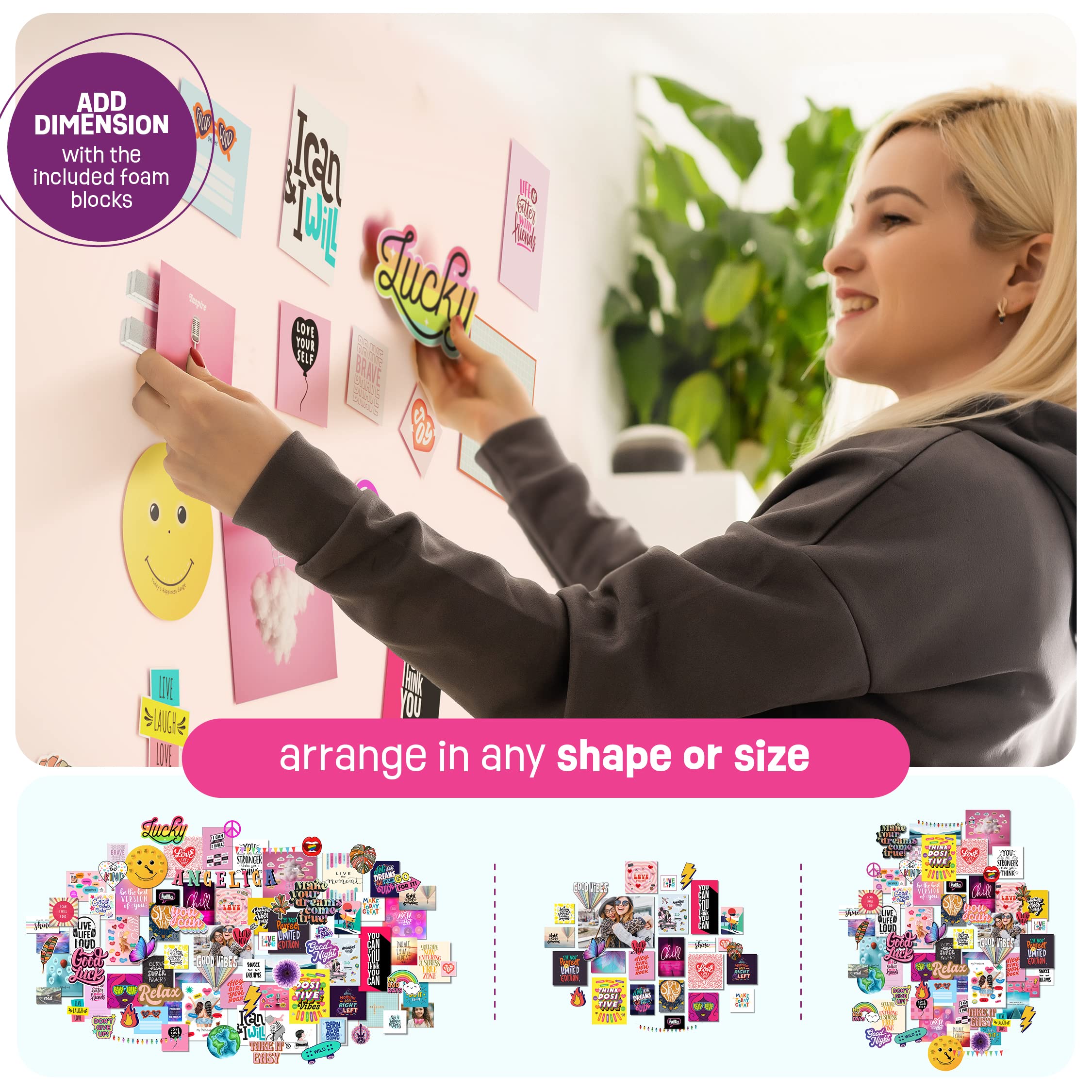 Pretty Me wall-safe tape secures the collage without wall damage.
