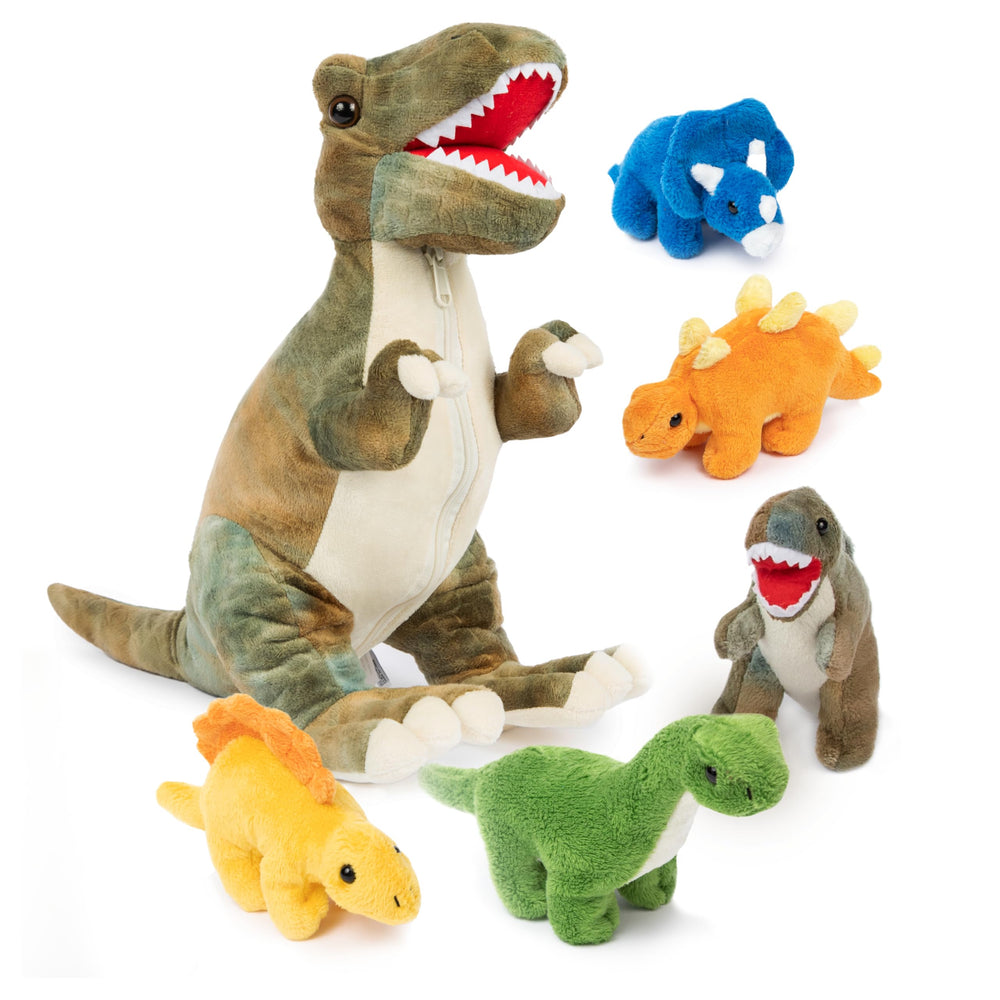 PREXTEX Mommy T-Rex with five baby dinos inside for compact storage and imaginative play.