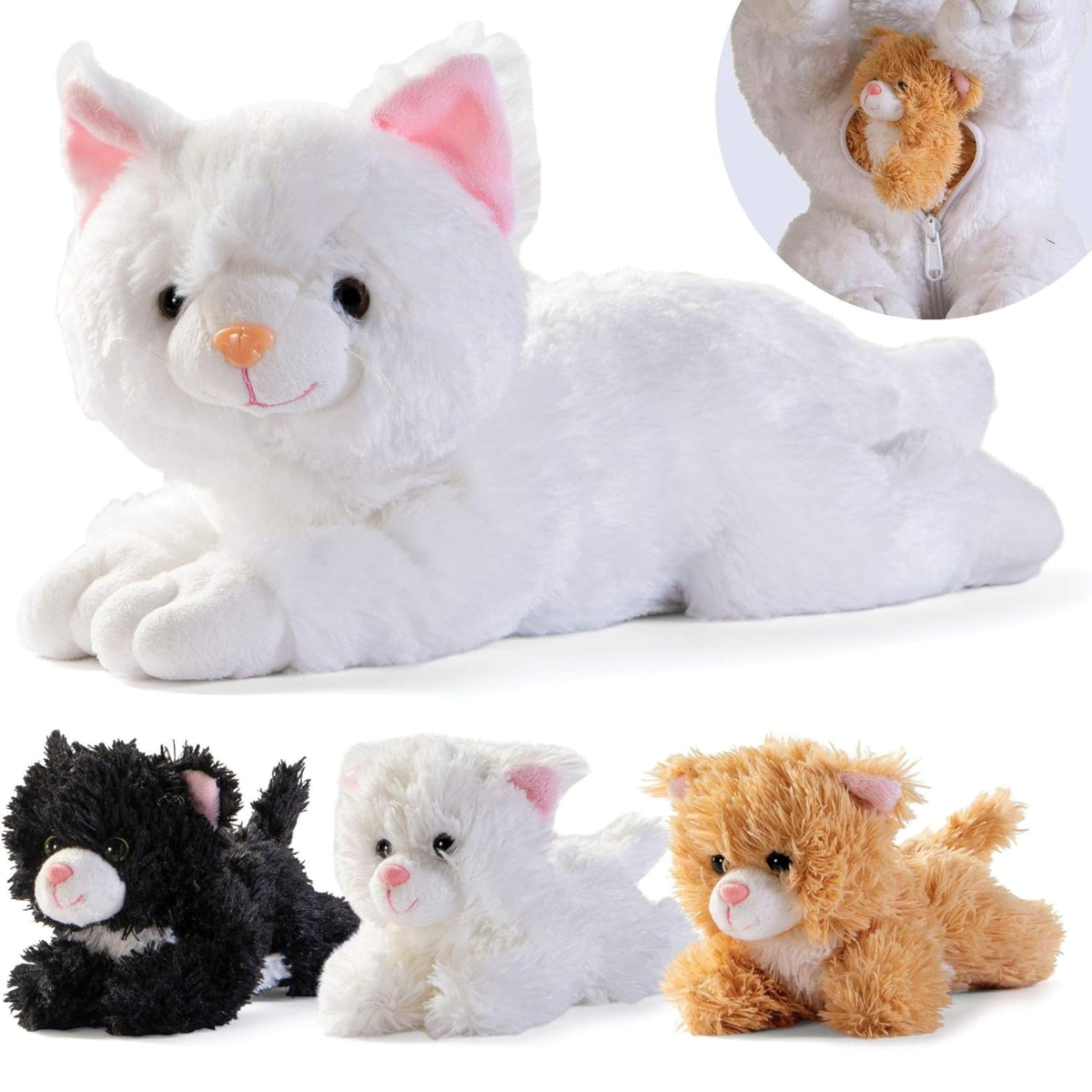 PREXTEX plush mommy cat with kittens and zipper back for easy storage.
