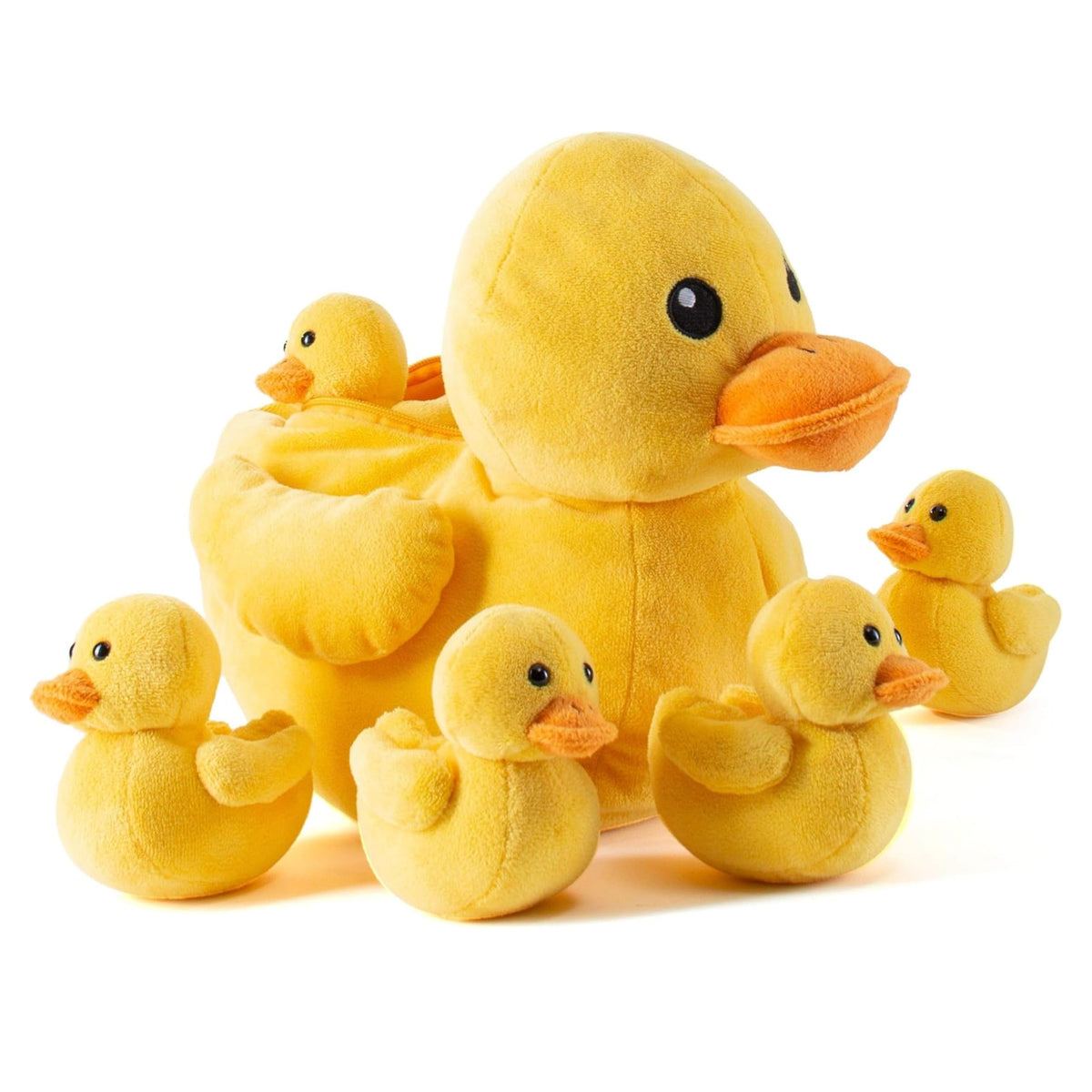 PREXTEX Mama Duck plush with five baby ducks for imaginative play.