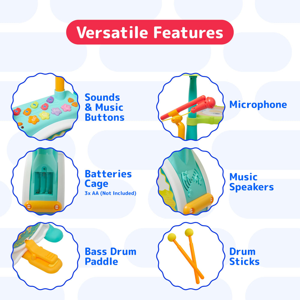PREXTEX toy drum with realistic sounds to inspire pretend play and creativity