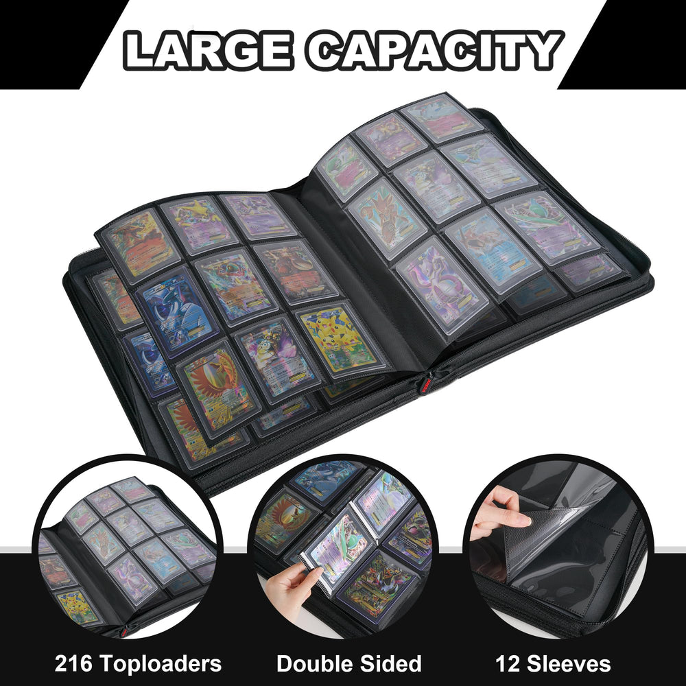 PREZA Toploader Binder compatible with Pokemon and Yu-Gi-Oh cards for universal use.