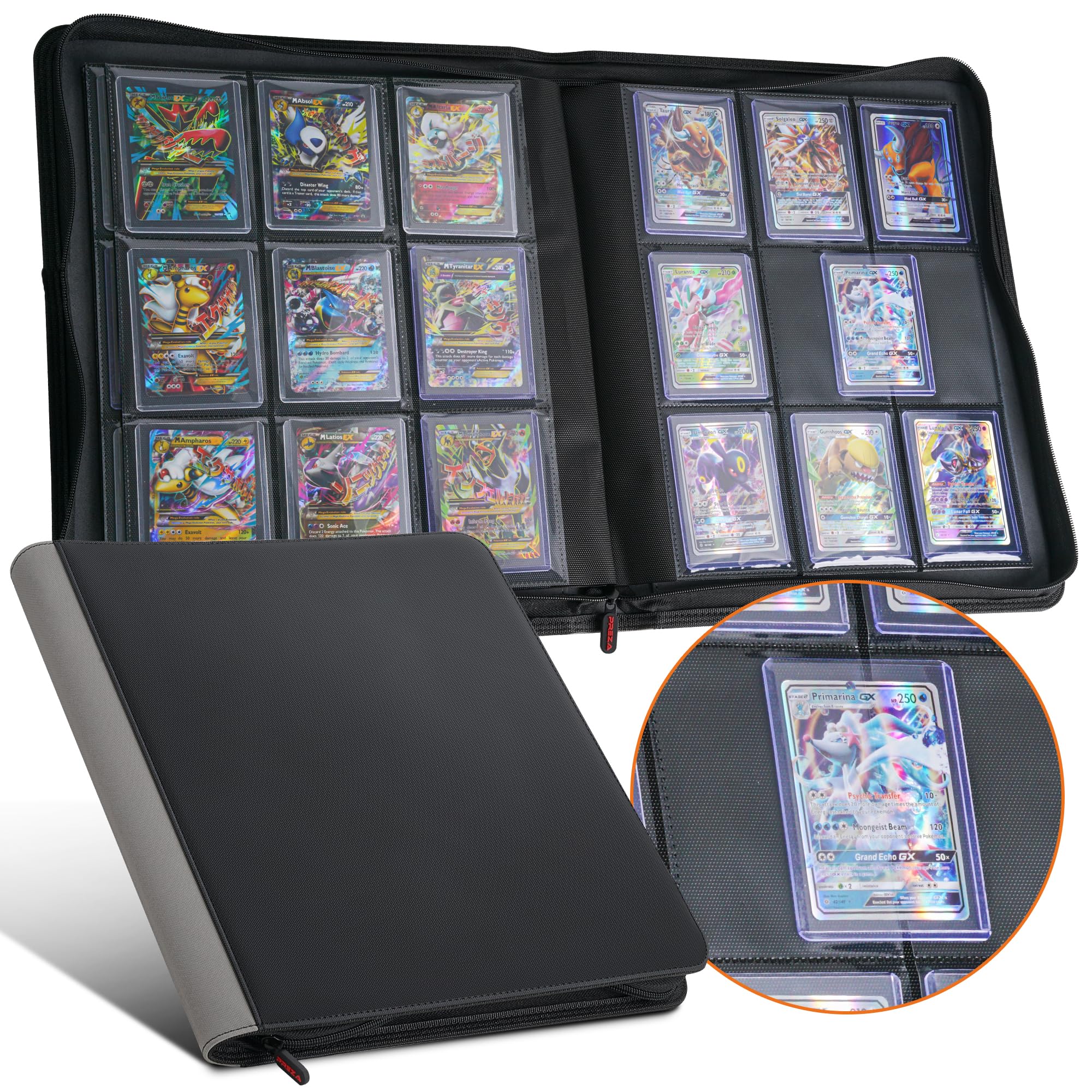 PREZA Toploader Binder front view with 9-pocket pages holding 216 cards for quick access.