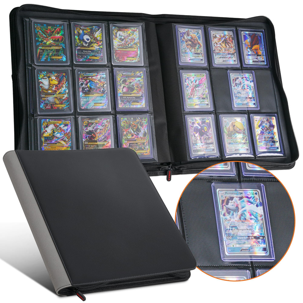 PREZA Toploader Binder front view with 9-pocket pages holding 216 cards for quick access.