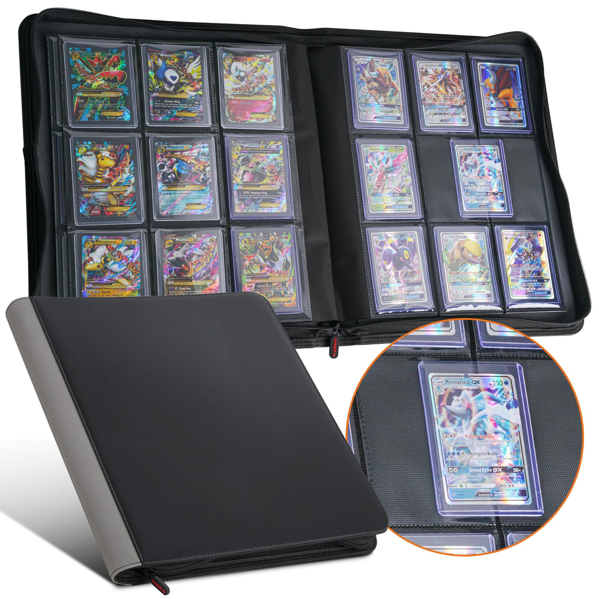 PREZA Toploader Binder front view with 9-pocket pages holding 216 cards for quick access.
