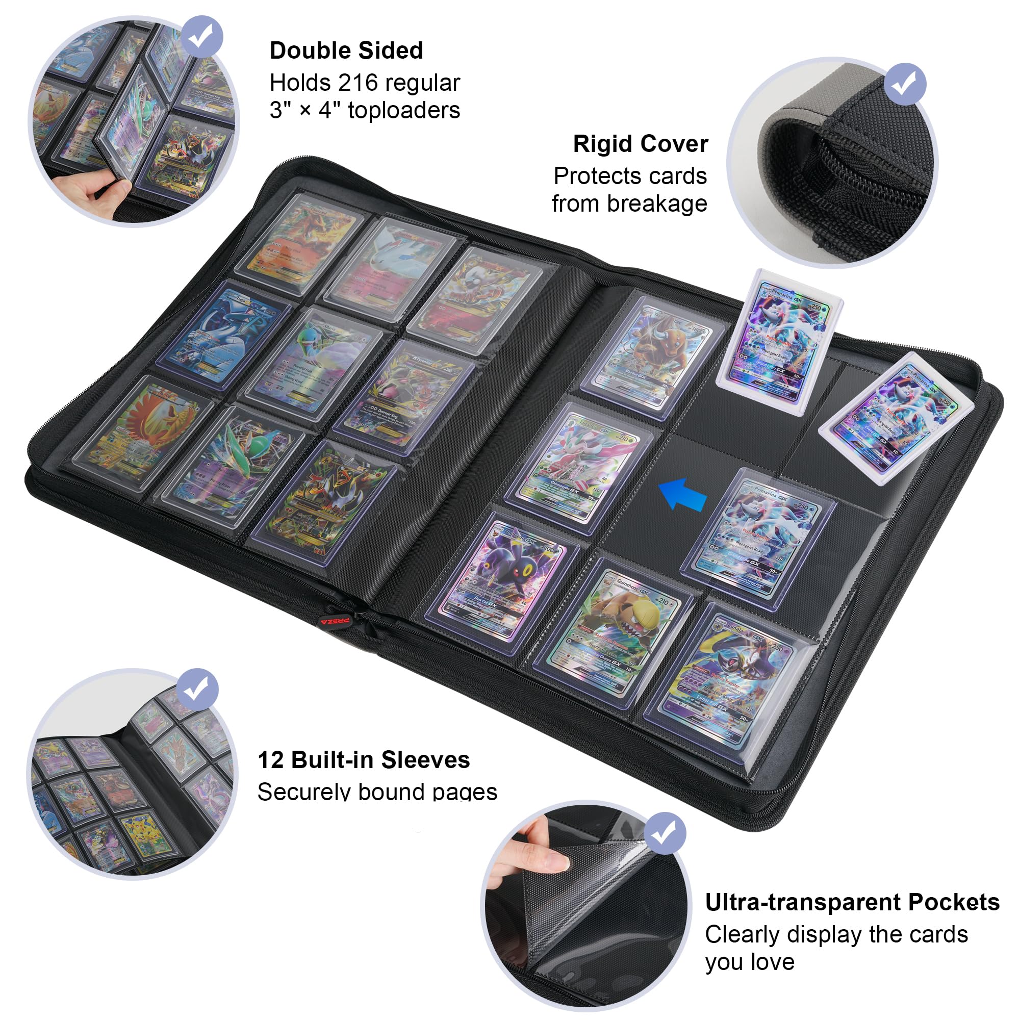 PREZA Toploader Binder interior showing double-sided sleeves for organized card storage.