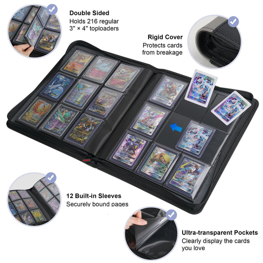 PREZA Toploader Binder interior showing double-sided sleeves for organized card storage.