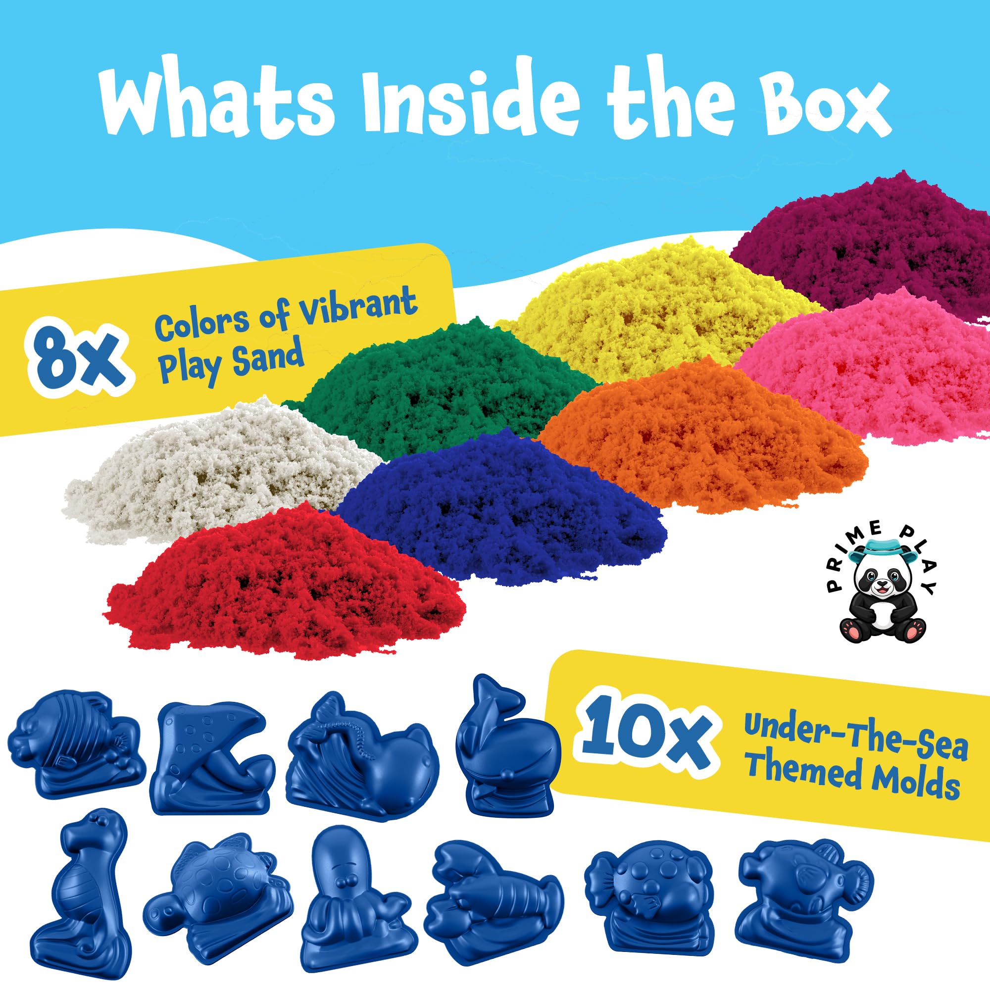 Prime Play Magic Sand texture that sticks to itself for mess-free setup.