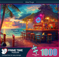 Prime Time Puzzles Beach Bar at Sunset scene highlights vibrant sunset tones for inspiration.