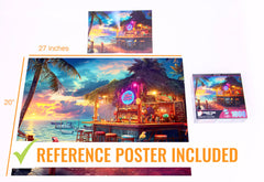 Prime Time Puzzles Beach Bar at Sunset image with parrots adding lively accents for visual interest.