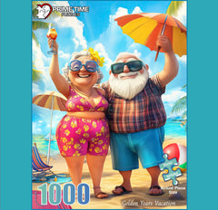 Prime Time Puzzles parents relaxing on beach chair for a soothing evening puzzle.