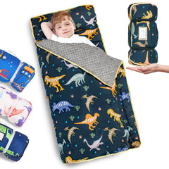 PRIMLECT dinosaur nap mat 55x35 rolled up for daycare use.