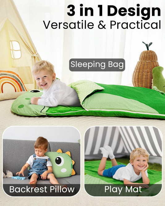 Primlect Dinosaur nap mat folded into pillow for easy travel.