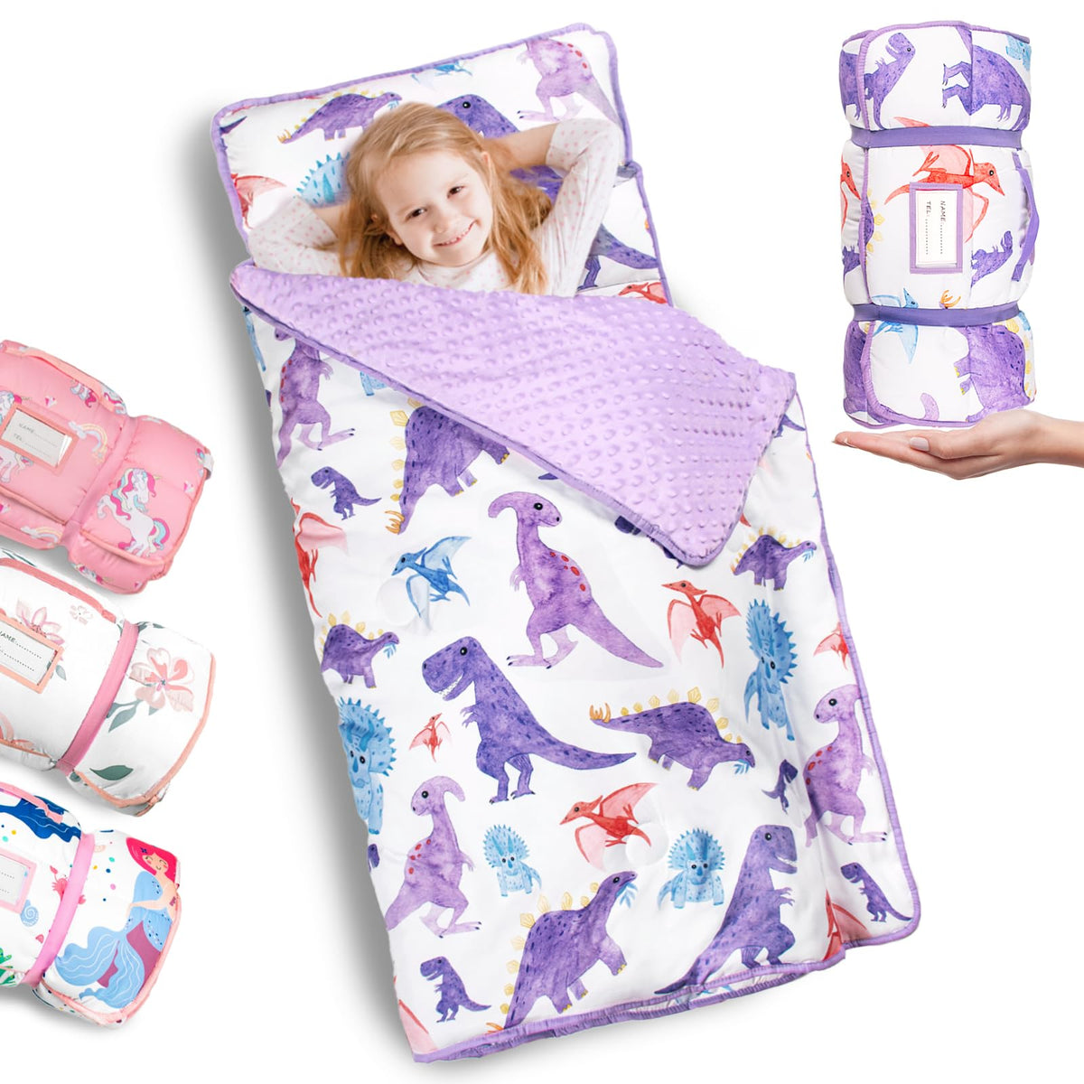 Primlect dinosaur nap mat roll-up shown for easy daycare transport and setup