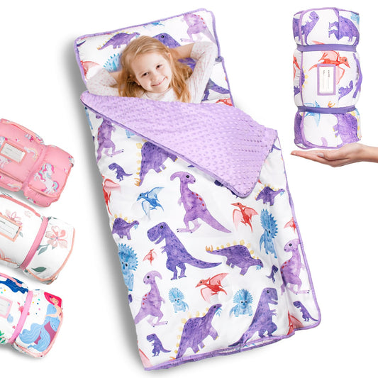 Primlect dinosaur nap mat roll-up shown for easy daycare transport and setup