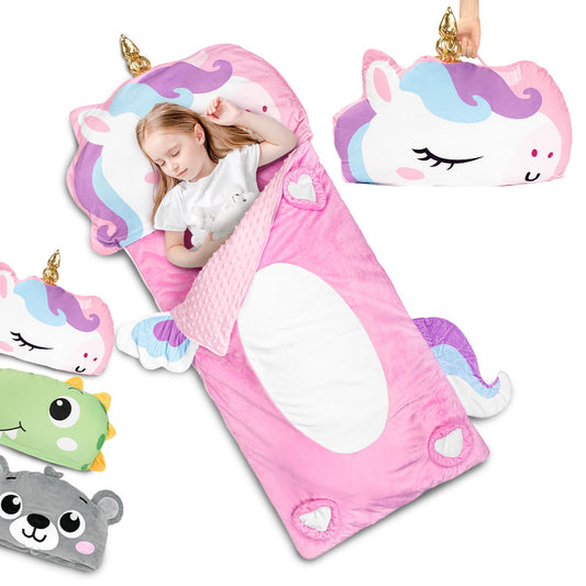 Primlect pink kids sleeping bag with built-in pillow for naps and travel.