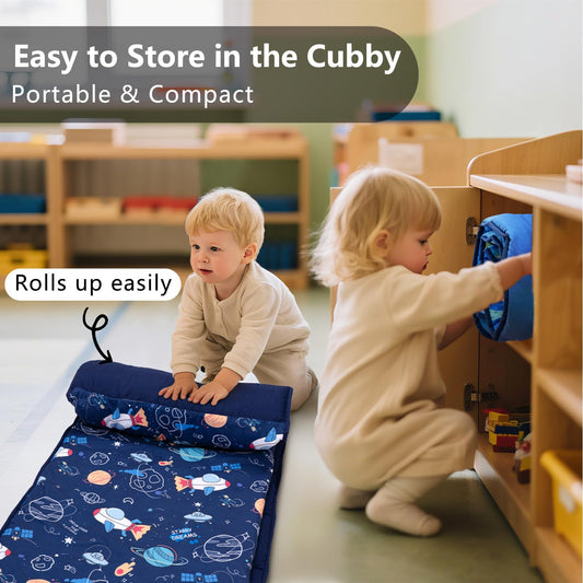 Primlect nap mat with fleece blanket keeps kids warm during quiet time.