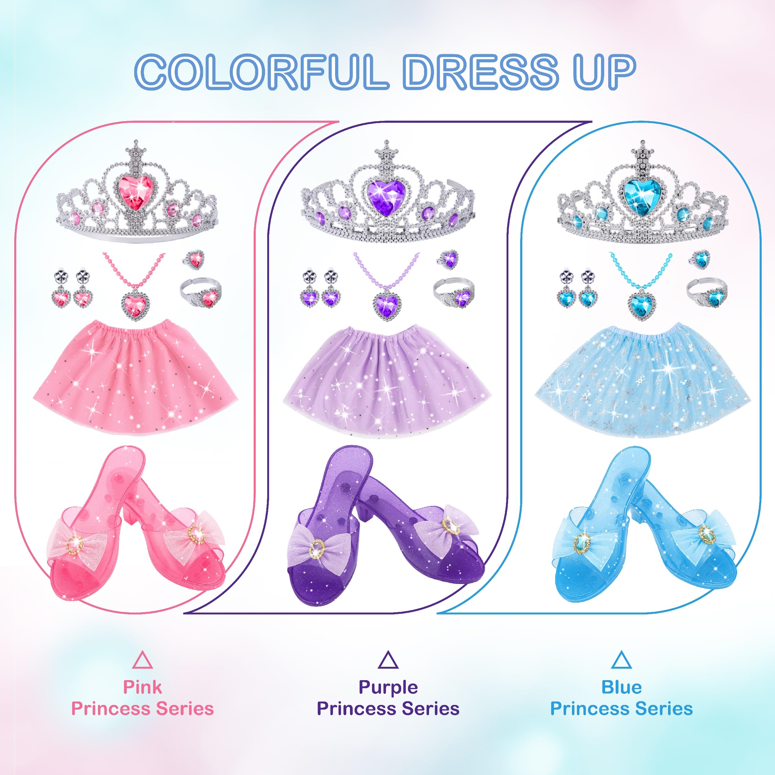 Close-up of soft pastel princess dress fabric in pink, purple, and blue