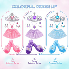 Close-up of soft pastel princess dress fabric in pink, purple, and blue