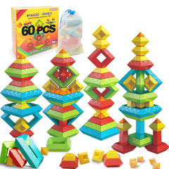 Prinlion stacking toys 60 pcs blocks in use, encouraging collaborative play and fine motor skills.