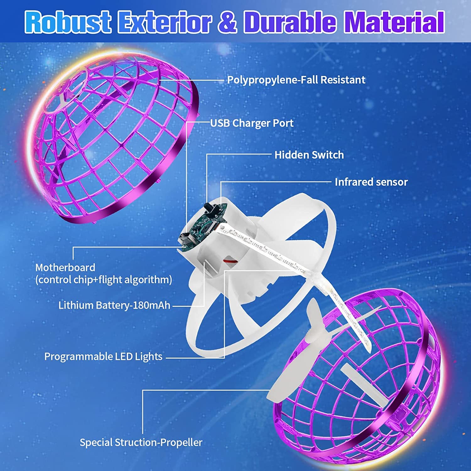 PRO STASH hover ball with cosmic design provides safe indoor and outdoor fun.