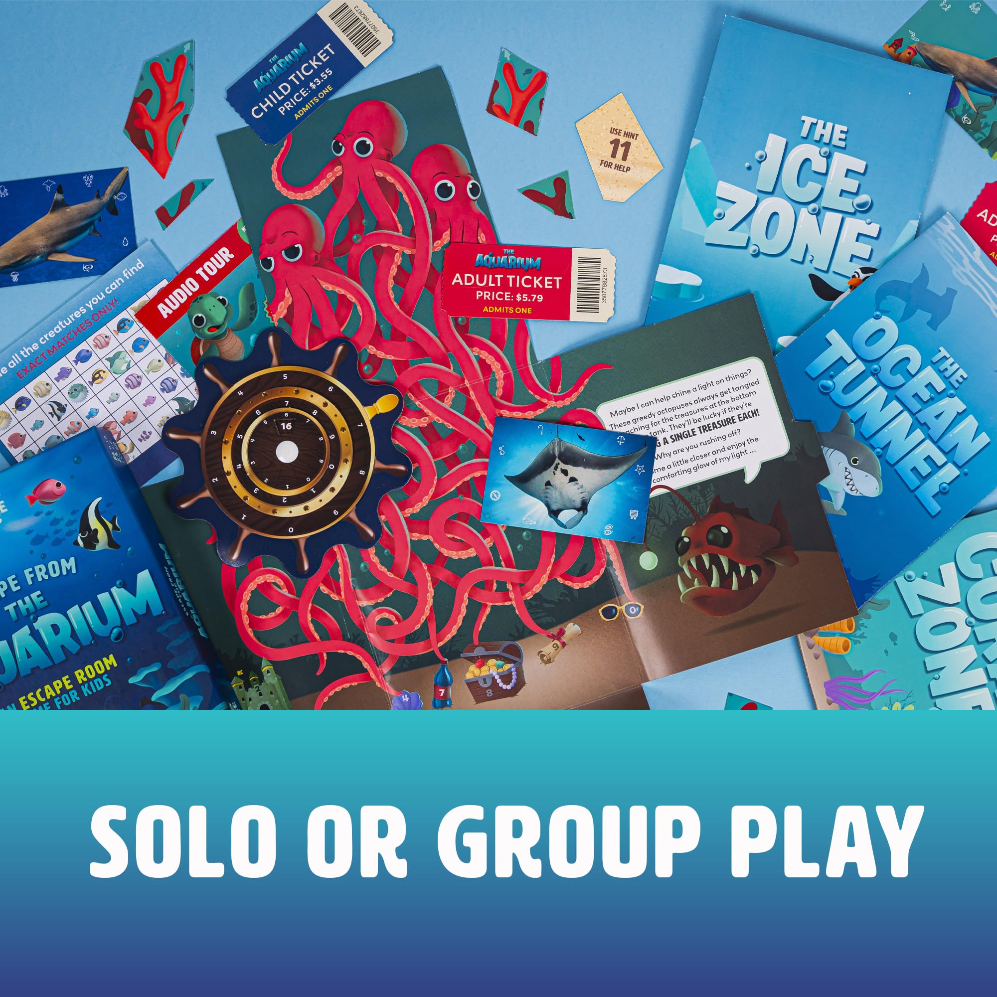 Professor Puzzle Escape from The Aquarium game night scene—family-friendly escape room in a box