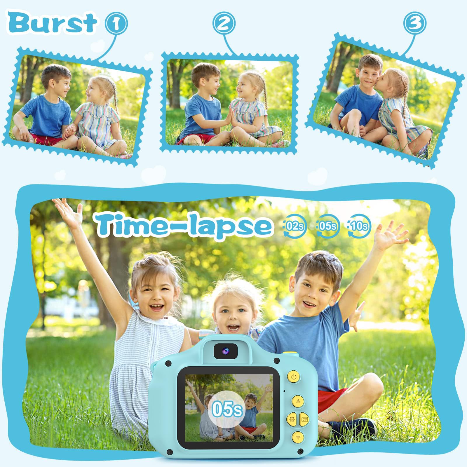 PROGRACE Kids Camera records 1080P video for vivid family memories.