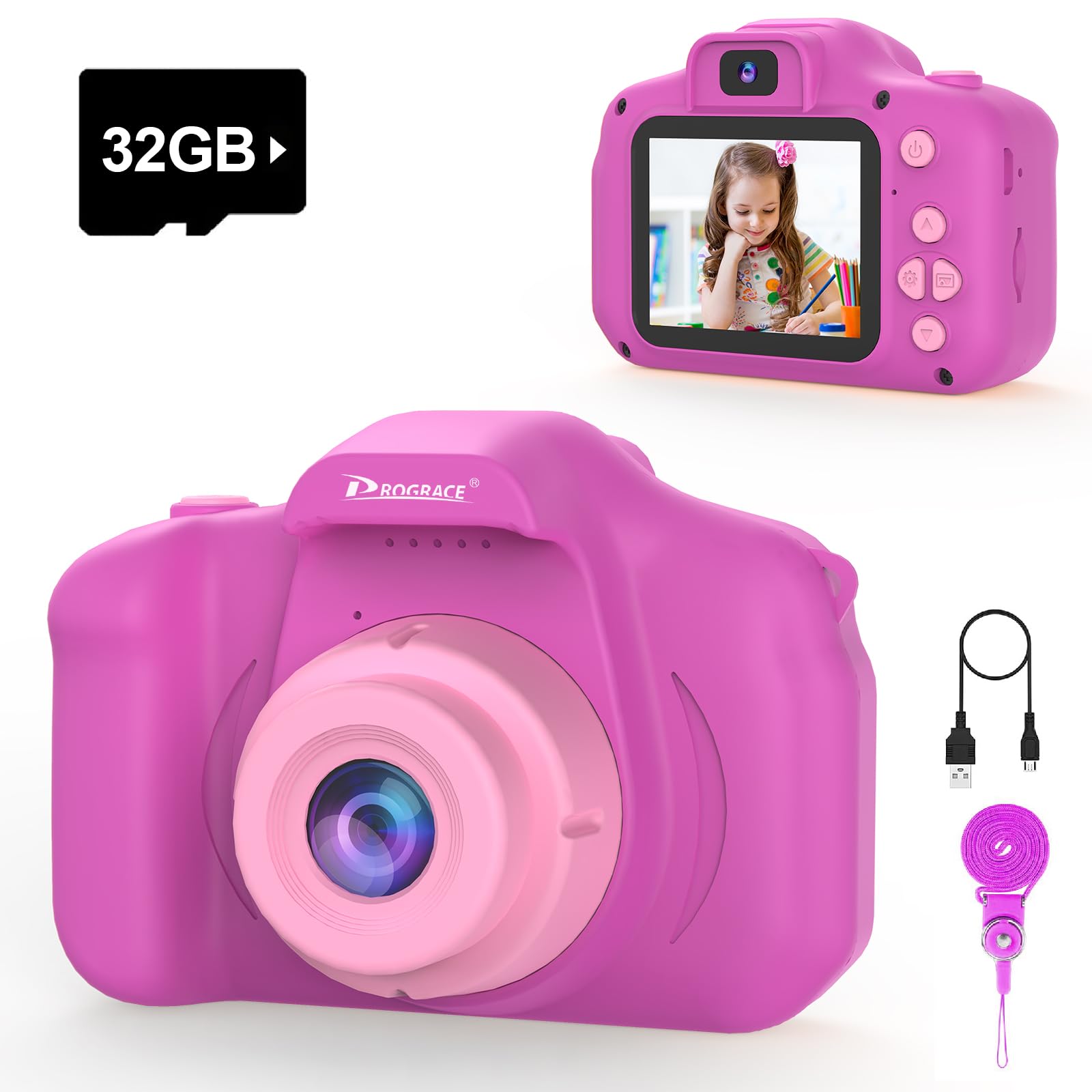 PROGRACE Kids Camera with IPS screen for eye-friendly viewing and vivid colors.
