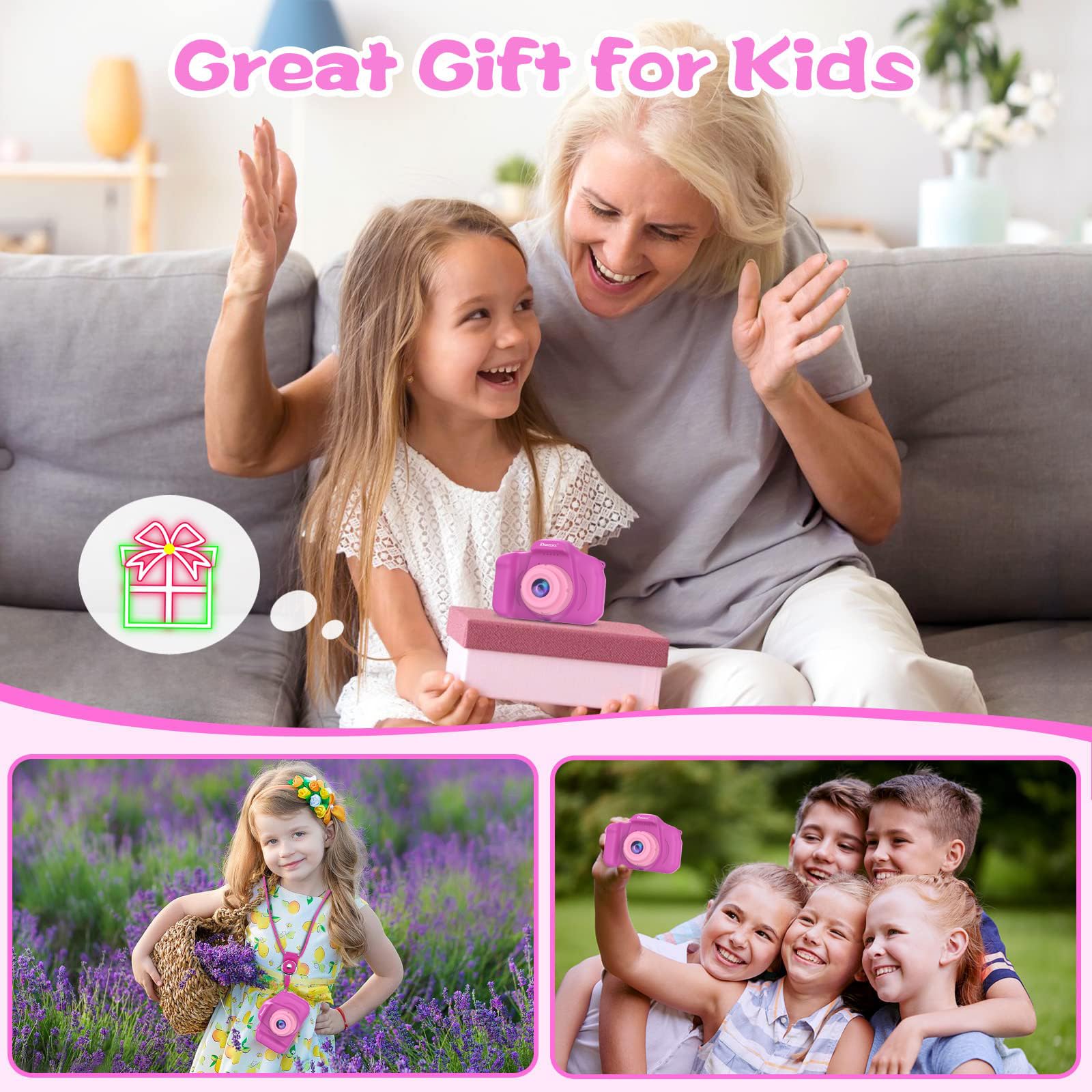 PROGRACE Kids Camera includes fun frames, filters, and games.
