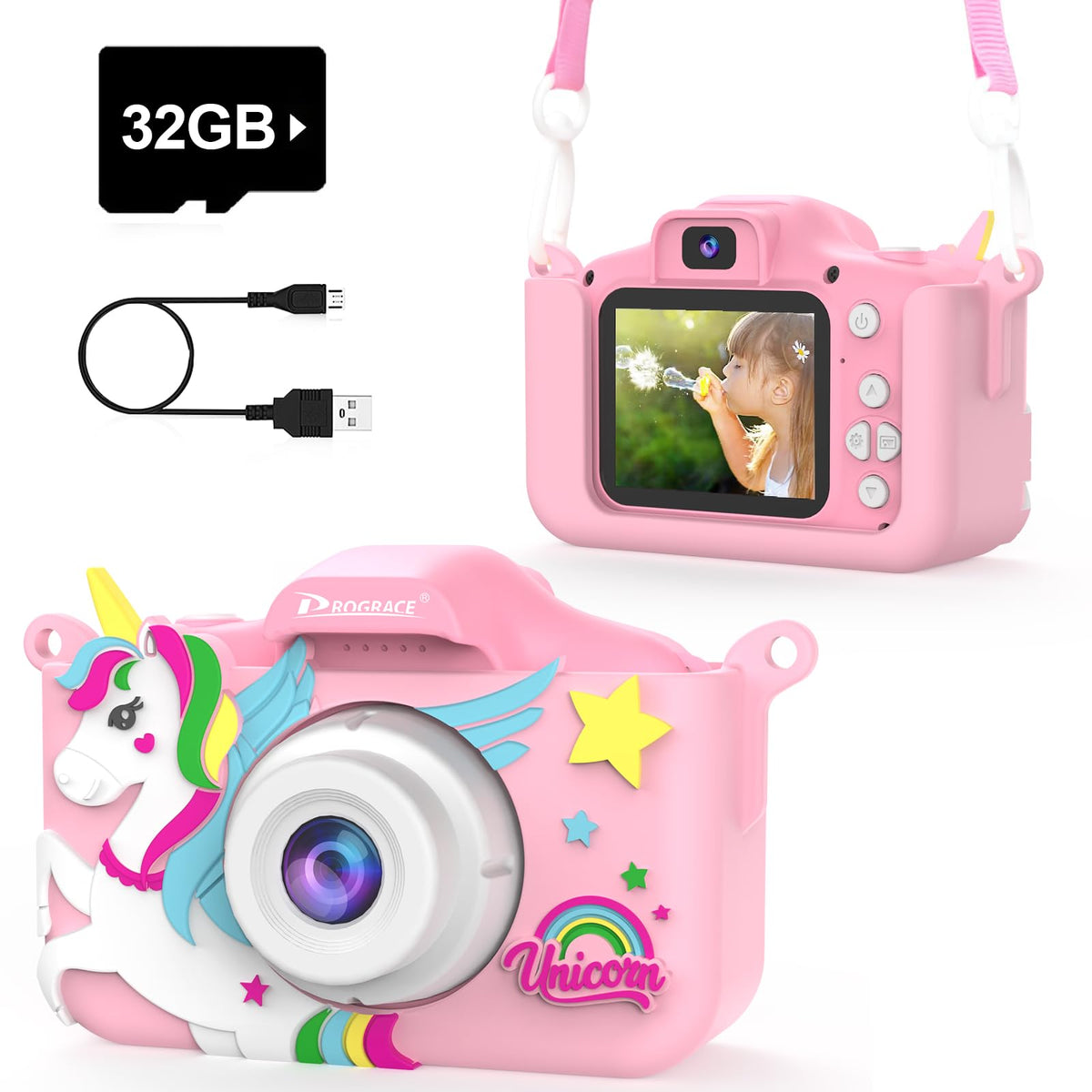 PROGRACE Kids Camera unicorn front view for playful memories and selfies.