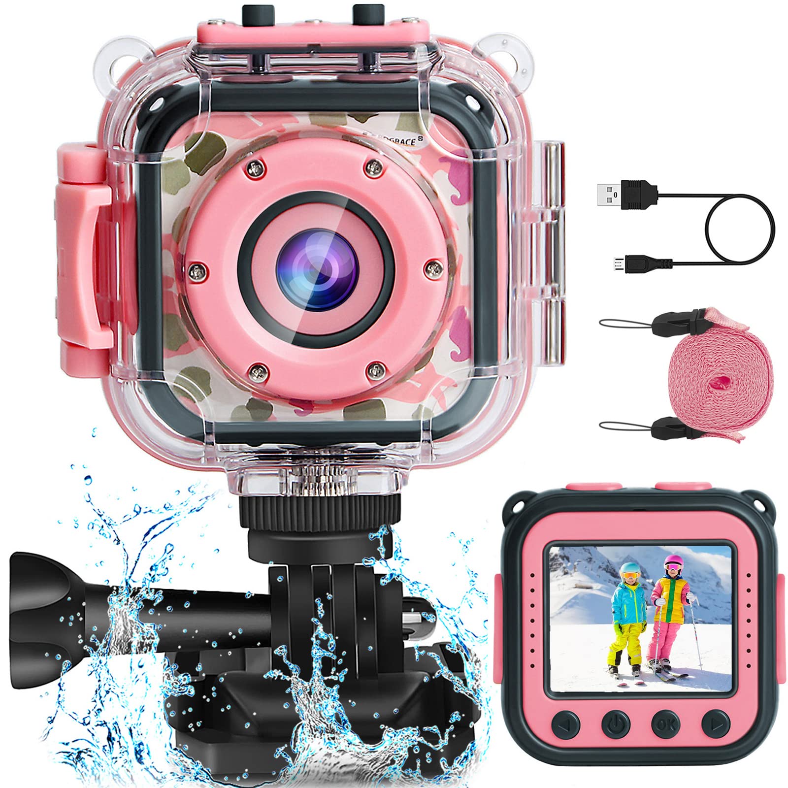 PROGRACE Kids Camera waterproof to 100 ft, ideal for swimming adventures.