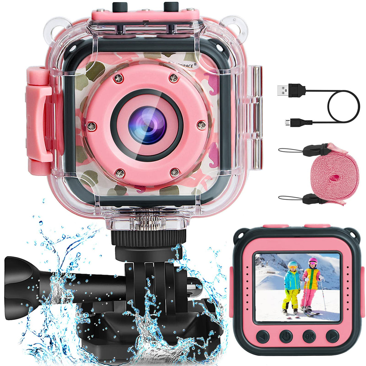 PROGRACE Kids Camera waterproof to 100 ft, ideal for swimming adventures.