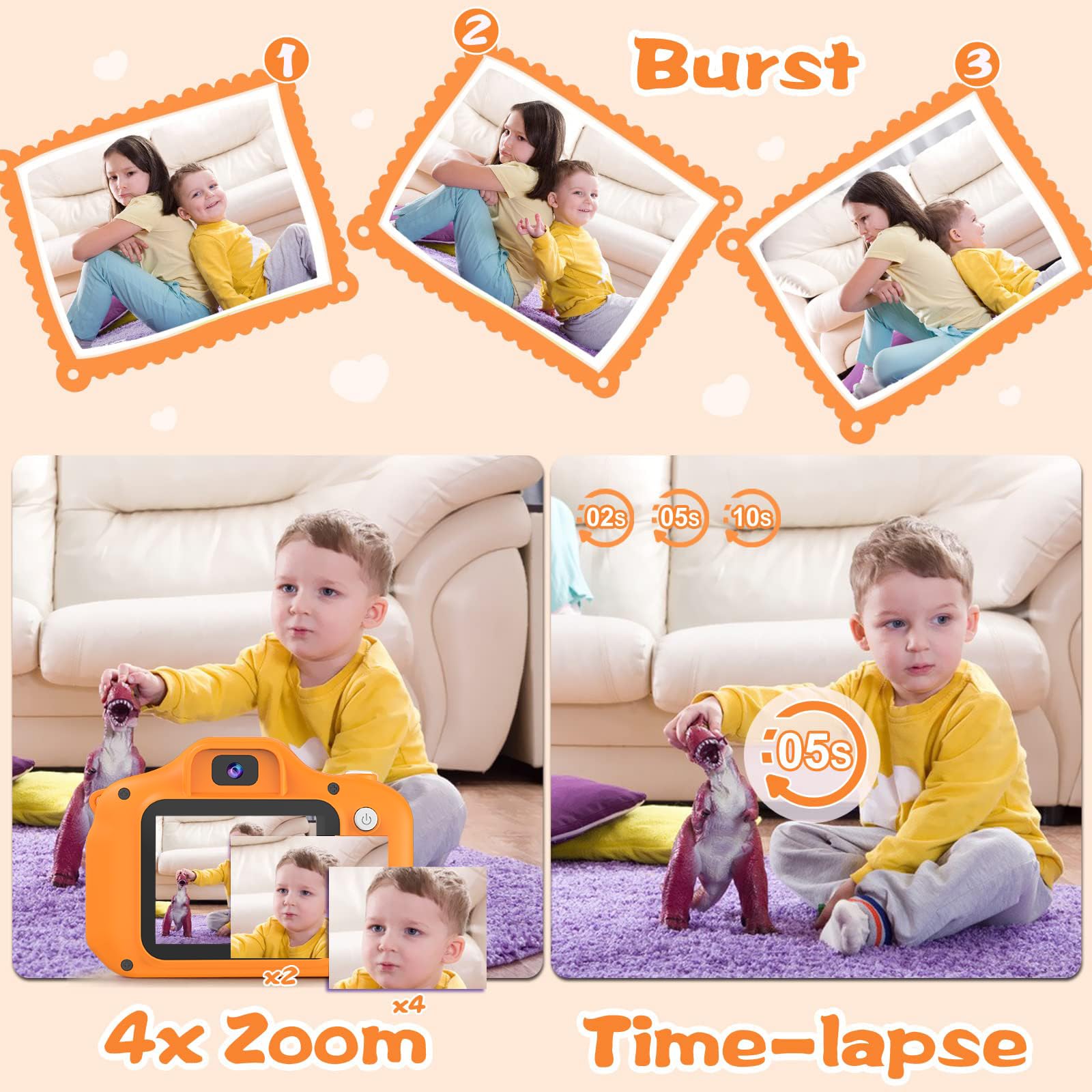 PROGRACE Orange Kids Camera burst shot mode captures fast action moments.