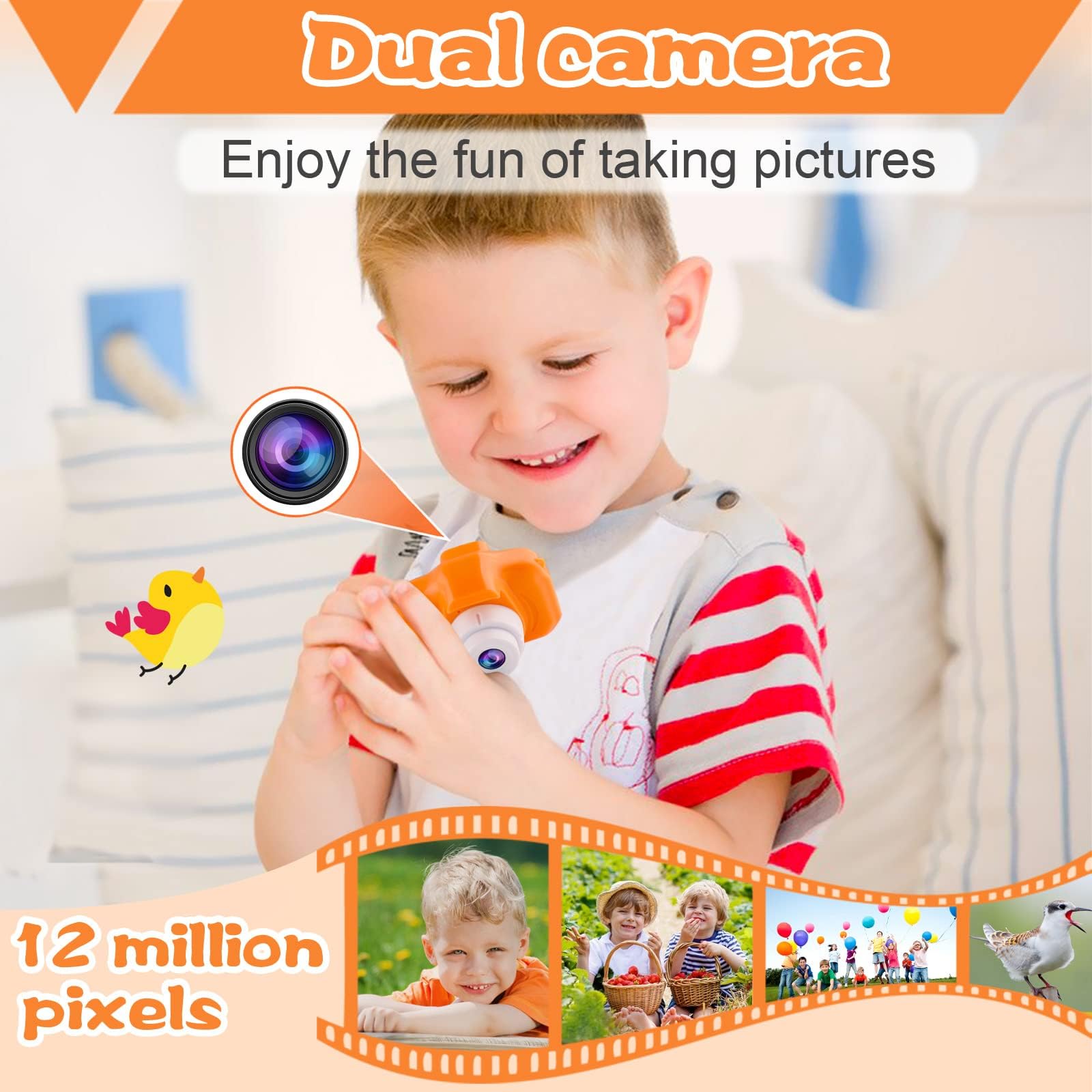 PROGRACE Orange Kids Camera dual-lens selfie mode enables fun self-recordings.