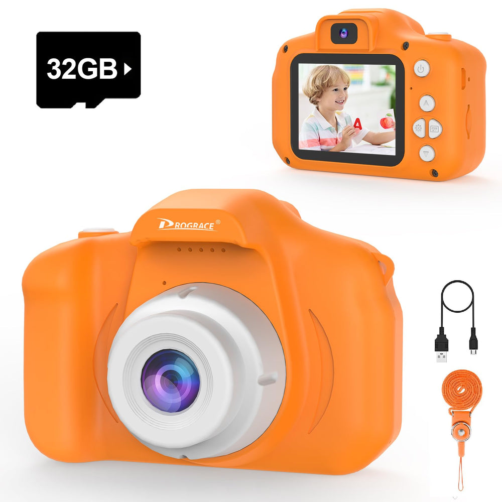 PROGRACE Orange Kids Camera front view, compact design for easy hand-held photography.