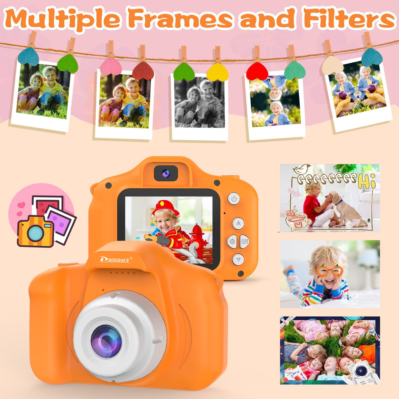 PROGRACE Orange Kids Camera portable lanyard enables easy carry on adventures.