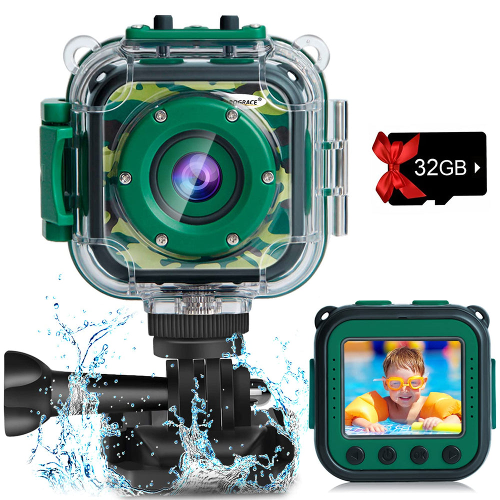 PROGRACE waterproof kids camera showing 100ft depth capability for underwater adventures