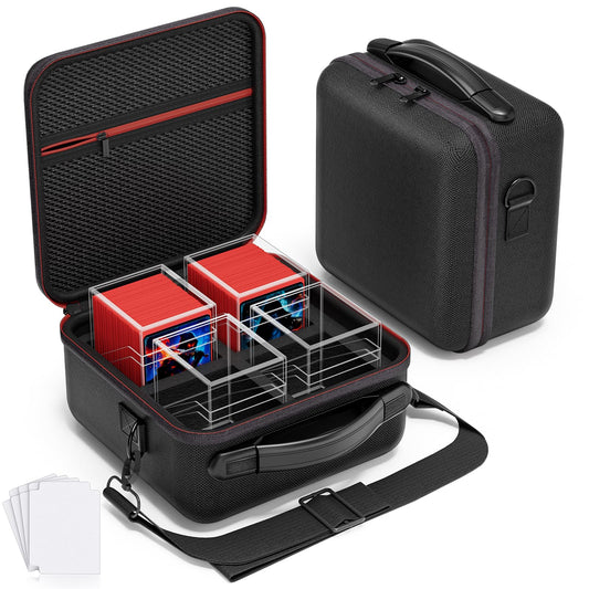 Proijeut 4-pack card deck boxes showing compact storage for 400+ double-sleeved cards.