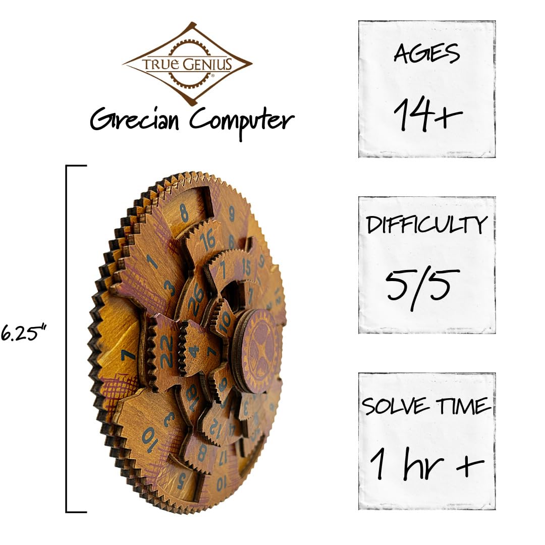 Project Genius Grecian Computer wooden puzzle displayed on a desk.