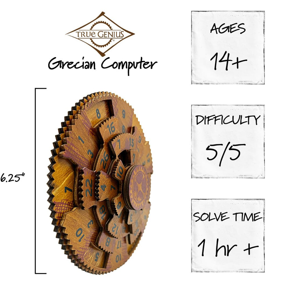 Project Genius Grecian Computer wooden puzzle displayed on a desk.