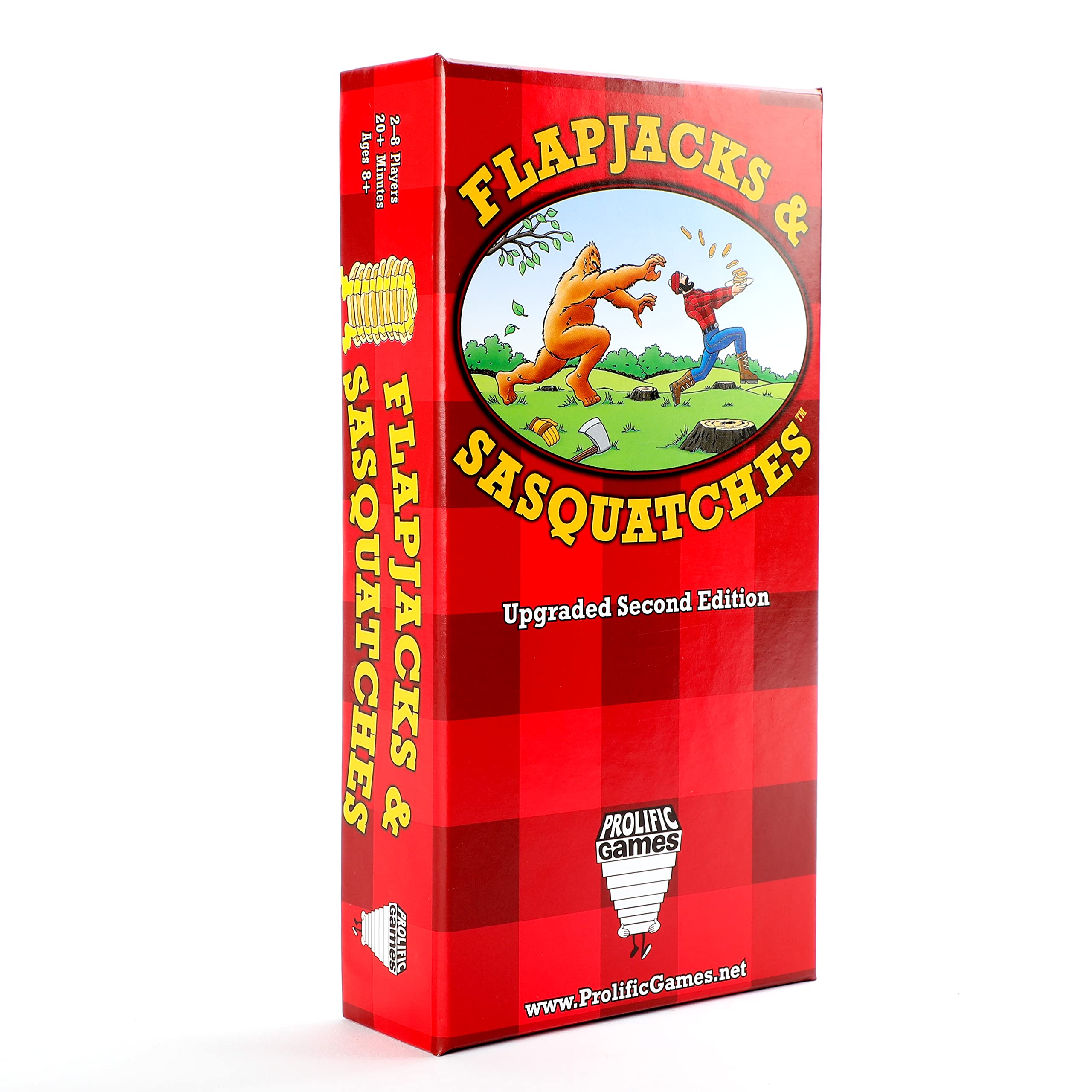Prolific Games Flapjacks & Sasquatches box front shows the upgraded edition for quick play