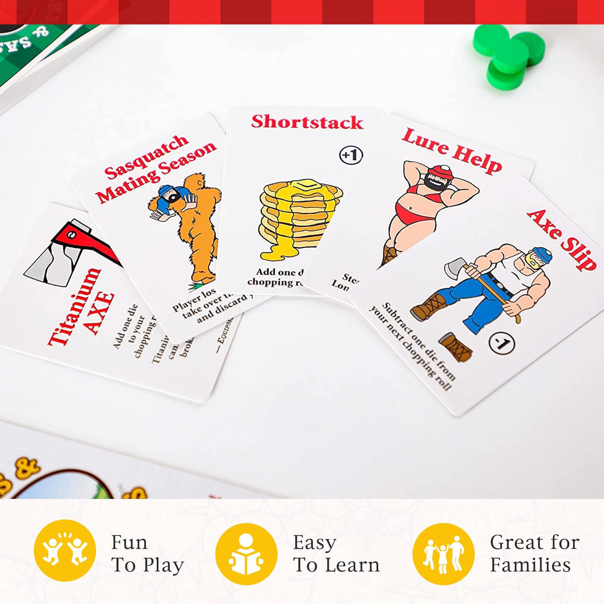 Wooden chop tokens provide tactile feedback during lively lumberjack actions
