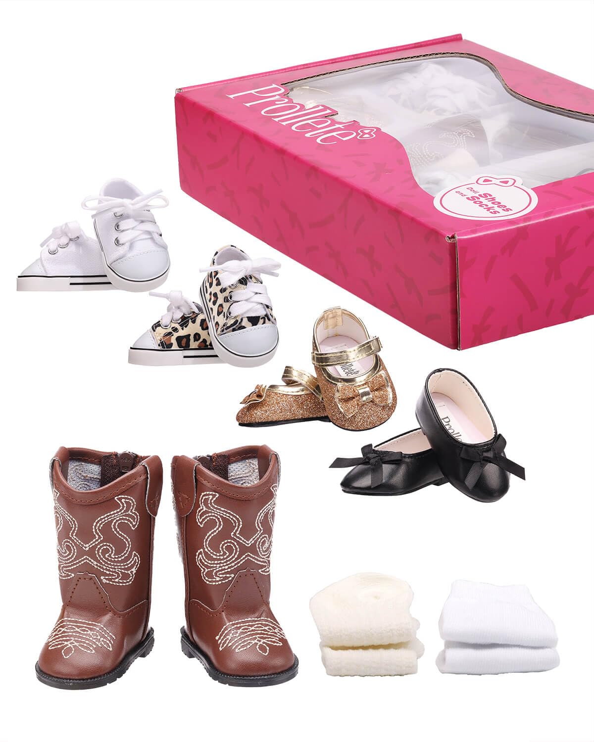 Prollete 18-inch doll shoes in gift box, ideal for gifting and play