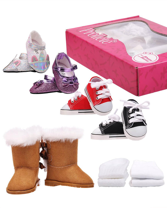 Prollete 18-inch brown snow boots for cozy doll outfits and playtime.