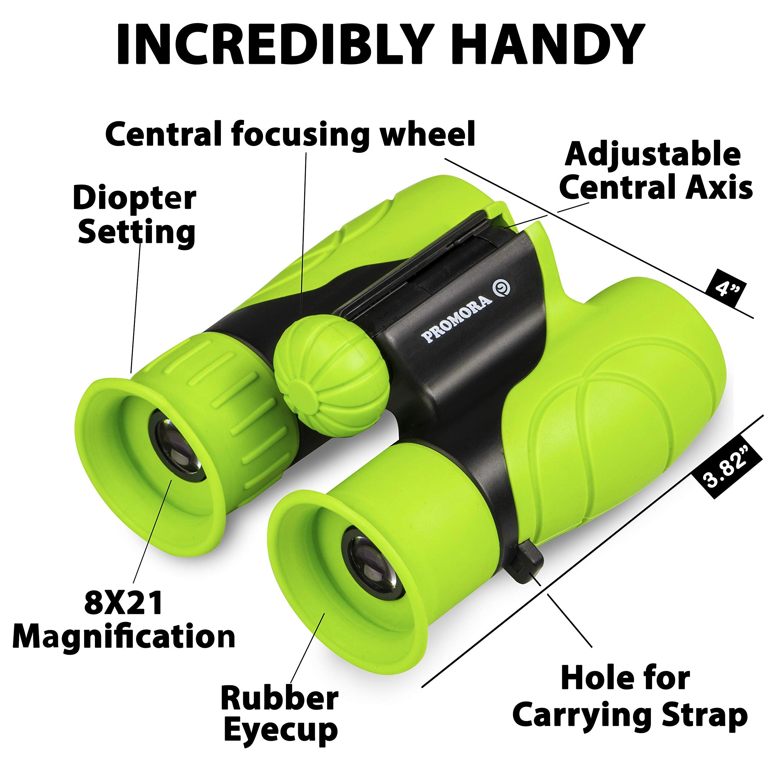 Promora 8x21 binoculars with neck strap for hands-free safety.