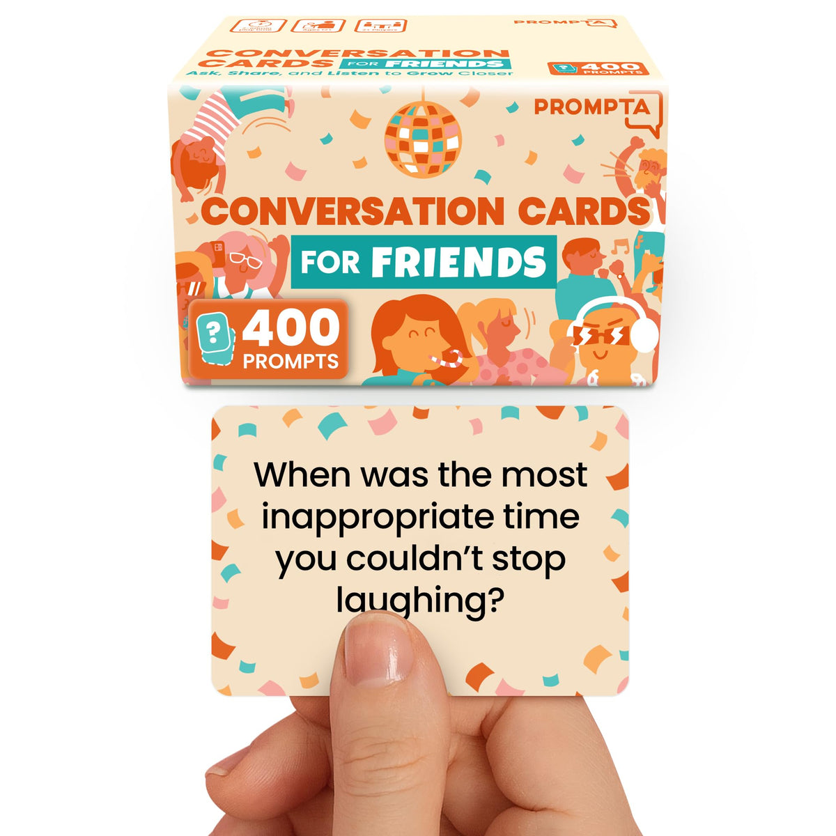 Prompta 400 Conversation Cards box showing an ideal icebreaker for group hangouts and game nights