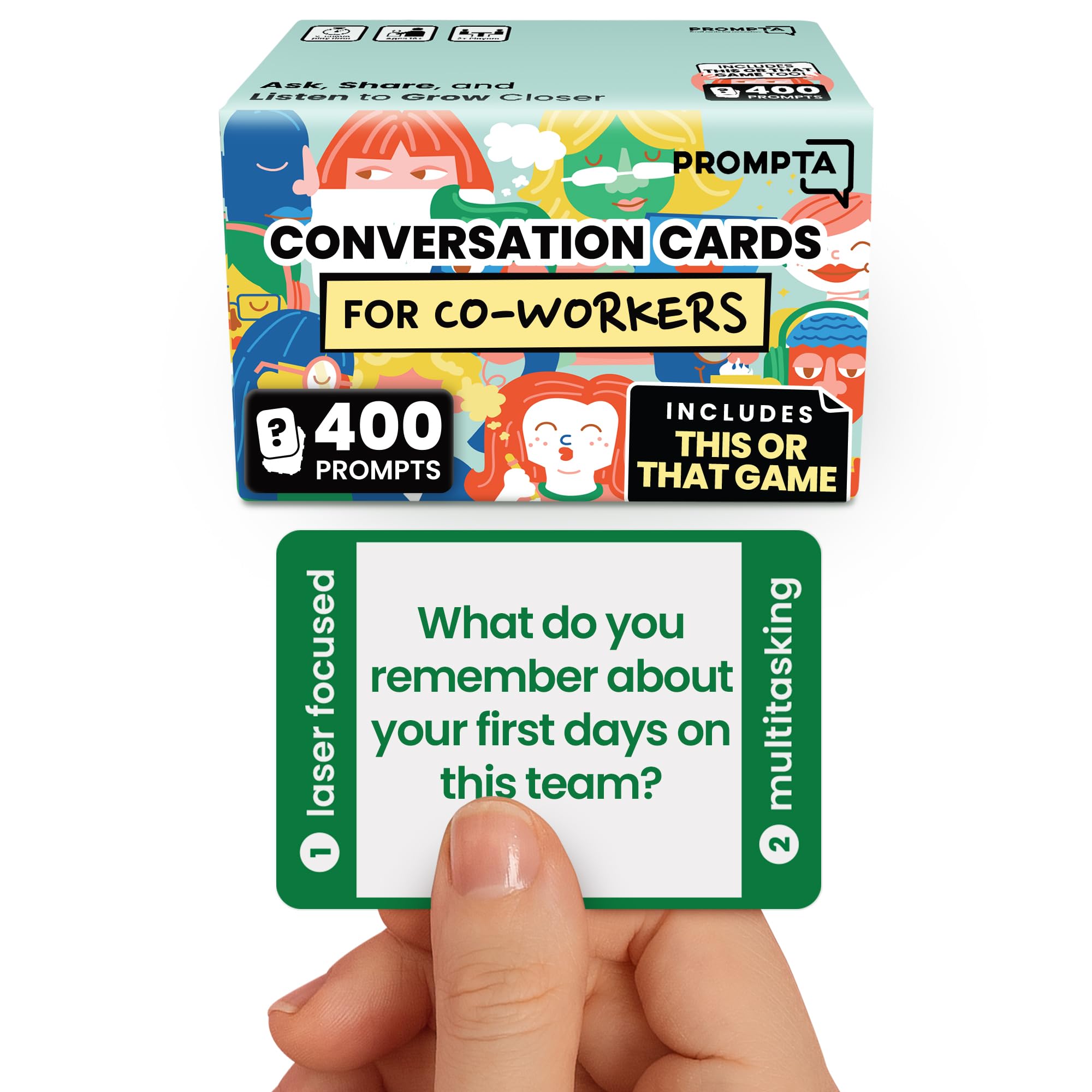 Prompta 400 Conversation Cards cover laid out on desk to spark team connection